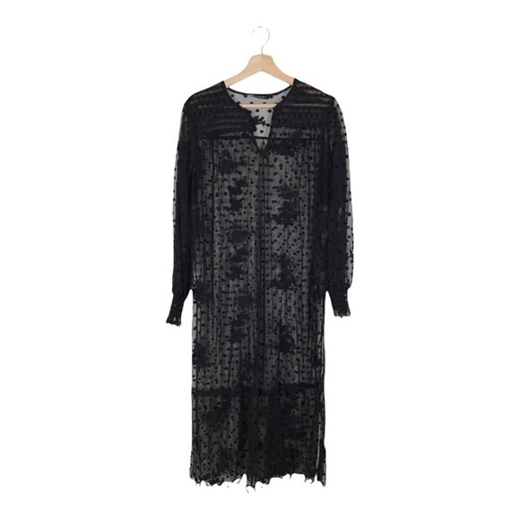 Zara Black Sheer Mesh Polka Dot/Floral Embroidery Midi Dress  Size Medium - Picture 1 of 9